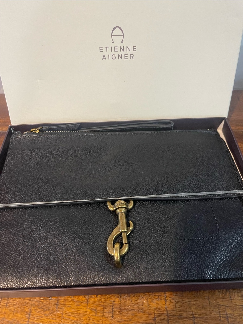 Etienne Aigner Black Leather Wristlet Clutch with Brass Hook